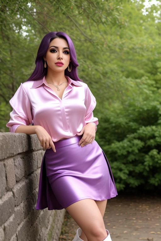 RAW photo, Professional, HDR, UHD, full body portrait, 64k, Hispanic woman, large tits, (lavender satin blouse:1.3),( pink leather skirt:1.3), ((white boots)), corset, seductive, lipstick, detailed eyes, long dark hair, hazel eyes, fake eyelashes, eyeshadow, elaborate jewelry, indoors ,smile, Canon camera