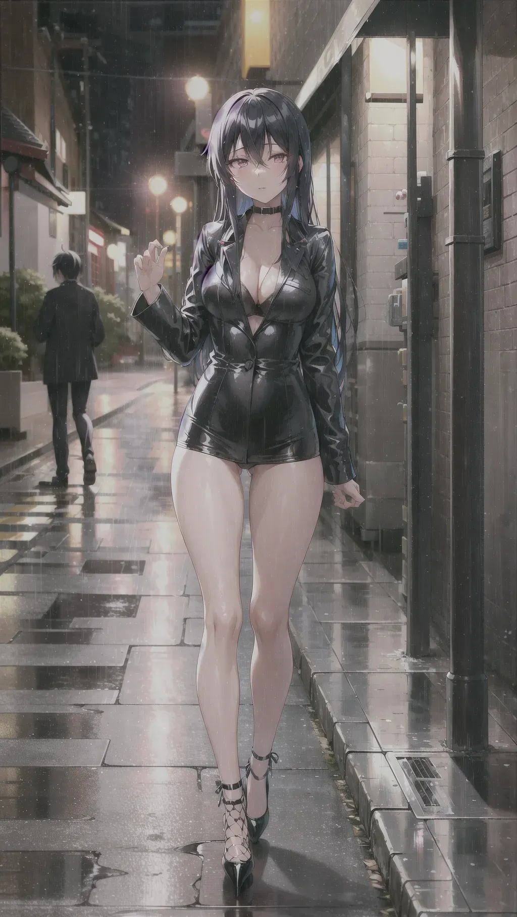Akeno Himejima, walking in an alley, raining, wet clothes, high heels, long legs, thigh gap, thin waist, nighttime, street lights, fishnets