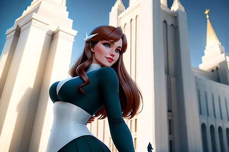 Anna in Salt Lake City in summer. visiting the mormon temple with Elsa. low angle shot, very low intensity warm light. 2 figures, different clothing.
Main figure.
Figure 1:
innocent, elegant, sweet, Anna of Arendelle 33 years old, Nordic, dressed casual in a dark green winter outfit, large natural round blue eyes, long auburn hair, sweet face, warm smile, soft curved eyebrows, smaller modest breasts. In front of the mormon temple.
figure 2: slightly taller. platinum blond.
five fingers per hand, ultra realistic, unreal engine, reduced saturation, adult