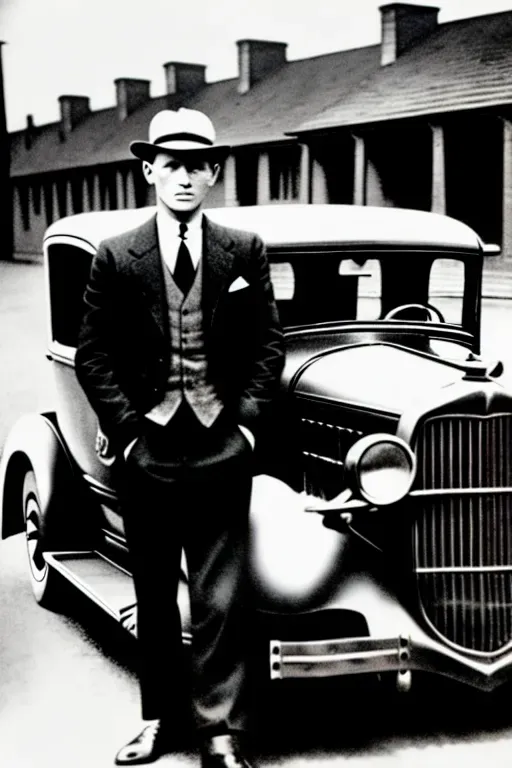 A high resolution medium photo of, Bonnie and Clyde, looking at the camera, 1920s cars in the background