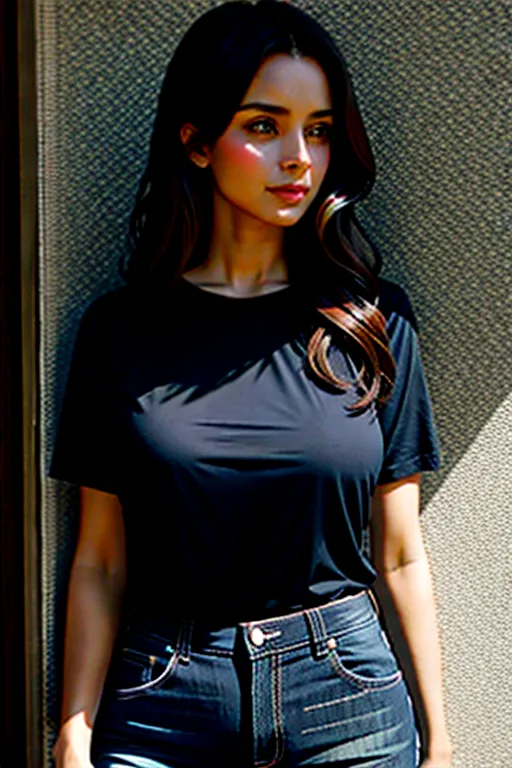 A beautiful 38 year old woman, with long dark brown messy hair, wearing a form fitting T-shirt and dark blue jeans, elegant and warm, standing, looking directly into camera, arms resting by her side. Lighting is soft natural light, full body, super detailed, slight smile, with blue eyes, larger than average boobs, and curvier waist,