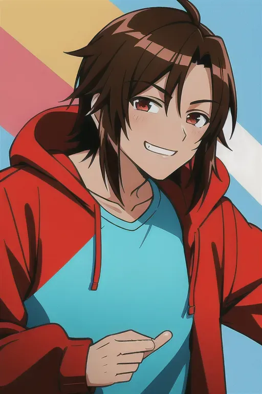 Male, brown hair, red eyes, tan skin, turquoise hoodie, smug, rule 34,