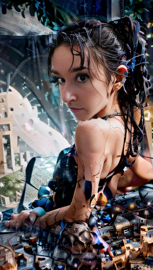 8k resolution, high resolution, best quality, masterpiece, Hyper realistic,
Perfect lighting,
Cute realistic detailed face,
((small breasts)), slim body, skinny, her hair in a messy bun, wet skin texture, sexy, black eye shadow, long lashes, view from behind, on all fours, boudoir background of high rise window in the evening, seductive expression,
<lora:dpmg_wet_hair:1> <lora:perfect_pussy:1>