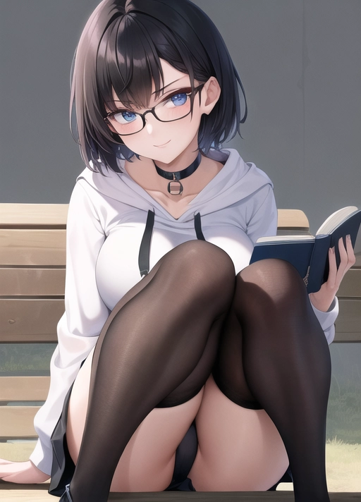 (masterpiece), absurdres, smooth, soft lines, soft edges, perfect edges, (soft lighting), (soft glow), perfect anatomy, detailed background, hair with great details, perfect eyes, perfect face, ((serious expression)), rounded face,
Dark lipstick, smiling, ((flushed cheeks)), full body view, goth woman sitting on park bench reading book,
((Black hair)), ((short hair)), pale skin, ((short stature)), ((medium breasts)), blue eyes, black eye liner, hoodie, wide hips, narrow waist, short skirt, stockings, glasses, choker, thick thighs,