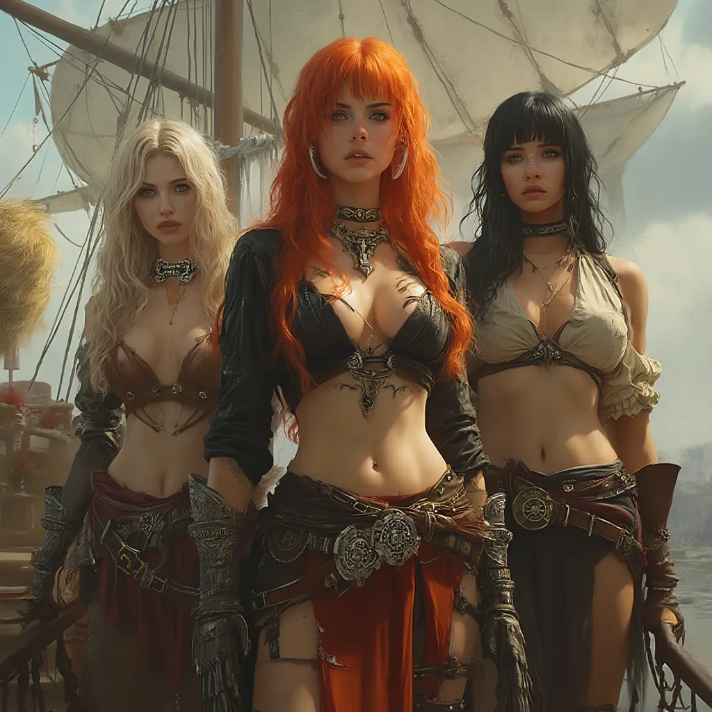 An epic movie poster with title 'The (steampunk) pirate' featuring three photorealistic (steampunk) pirate women in front of a steampunk zeppelin, aged 18, 18 years old (blonde) and (black hair), on a steampunk ship, wearing (steampunk) pirate costumes complete with intricate gears, plunging croptop and very short skirt, orange hair