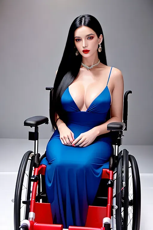 very pretty woman, long black hair, blue eyes, red lips, wearing a blue Alexander McQueen dress with her breasts revealed, in a wheelchair disabled, very wide angle, studio lighting, on a fashion runway as a model, ultra-realistic, photo, 8K