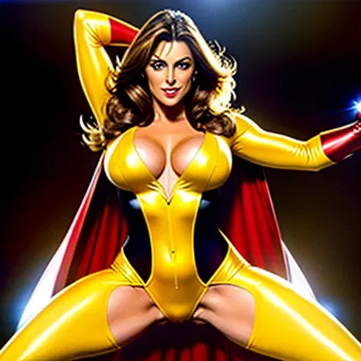 Elizabeth hurley nude in wolverine costume with gorgeous breasts superhero landing pose yellow and red