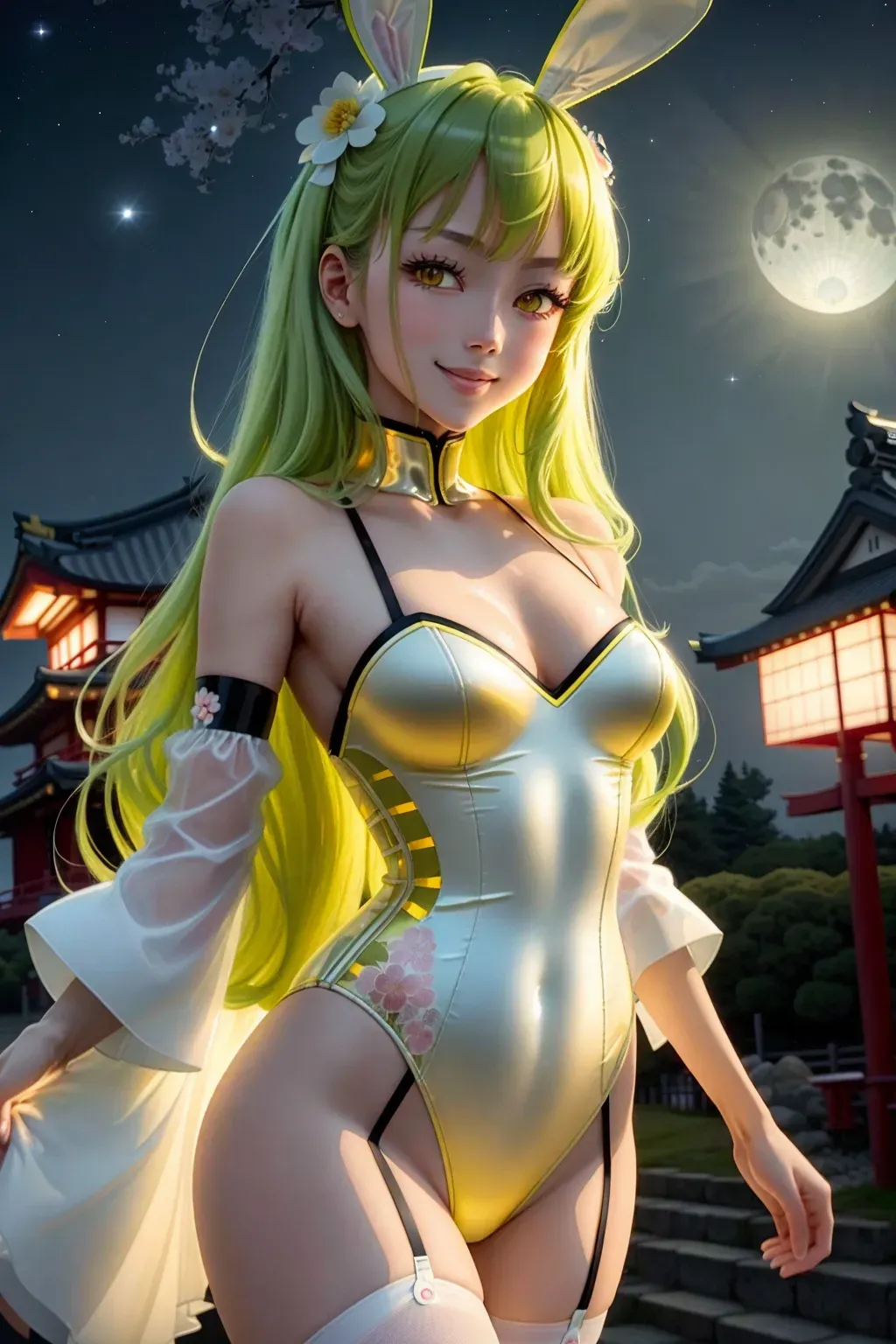 Normal C2, code geass, <<(super amazing sharp hands fingers)>>, <(tight smooth skin)>, <(sexy tall slim body)>, <(c cup boobs)>, <(long green hair)>, <(HD yellow eyes)>, <(detailed pupil)>, <(super happy)>, smile, walking, foreplay, <(tight skin)>, <(bunny suit white)>, (bunny ears):: <<masterpiece>>, <<texture skin>>, <<(lora:dpmg_translucent_skin:1)>>, <<translucent clothing>>, <<(clean line work)>>, <<(HD dark shading)>>, <(global illumination)>, <(mappa studio)>, <(8K wallpaper background Japanese shrine)>, <(Japanese cherry tree)>, Japanese lantern, cloudy night, lately, slight moon, nighttime, midnight, starry skies, slight wind, <(portrait)>, <(rule of third)>, <(fix motion)>, <(fix arms)>, <(fix hands fingers)>, <(fix thumb)>, double pass