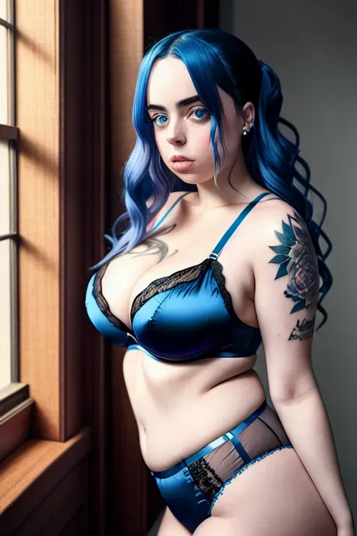 a concept art of,billie eilish,wearing lingerie,arched back pose,amazing breasts,five slender fingers,silky hair,beautiful face,beautiful lips,blue eyes,curved eyebrows,curved eyelid,big breast,chubby body,pale skin,satisfaction,tattoo,highly detailed,bokeh,smooth,big hips