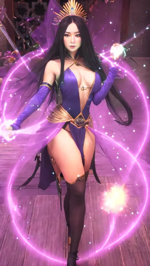 Full body portrait of a purple-clad chinese sorceress with long black hair, casting magical bright shining electricity balls in each hand, thick chinese eyeliner, wearing a pointy golden tiara in the style of Lady Libertys tiara, black knee-high tights, spears on her back, atmospheric, ponytail, looking seductively at viewer, symmetrical face, upright in a powerful pose, sultry