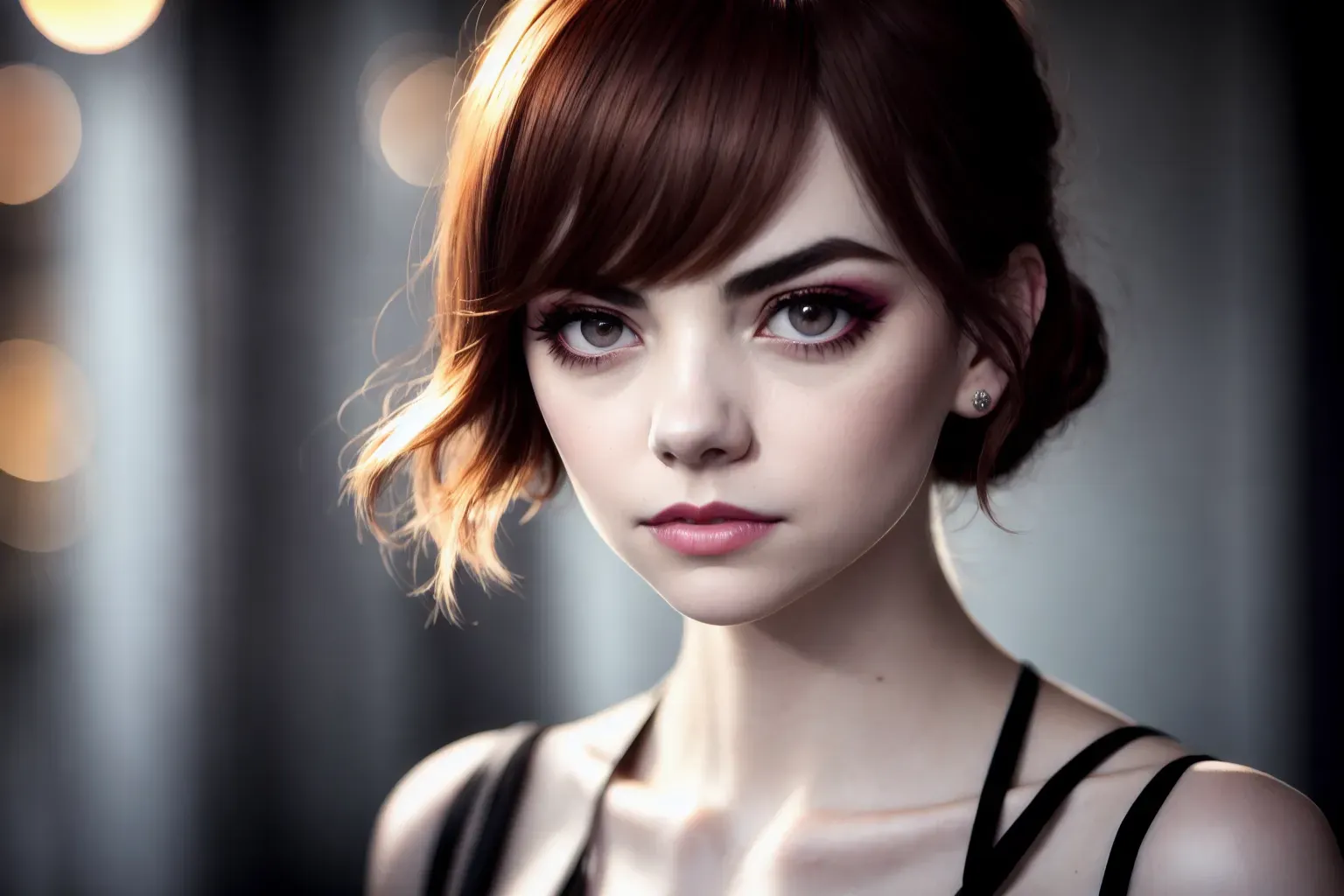 a concept art wide shot of (Emma Stone)(completely accurate face)(glaring eyes), (angry sadistic malicious facial expression), full body, under a streetlight on an abandoned street at midnight, (slutty Sorceress Succubus),(wearing Stygian Eldritch witch dress)(pale skin),(skinny slender athletic physique)(wind swept), (very tiny perky breasts), five slender fingers,beautiful face,beautiful lips,detailed large eyes,curved eyebrows,cgsociety,natural lighting,studio lighting,professional,editorial, (oily skin glistening)(bokeh)