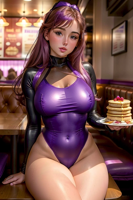 gorgeous young Olivia Dunne, beautiful face, ((purple leotard)), ((full body and thighs visible)), sitting in a pancake restaurant, large stack of pancakes in front of her