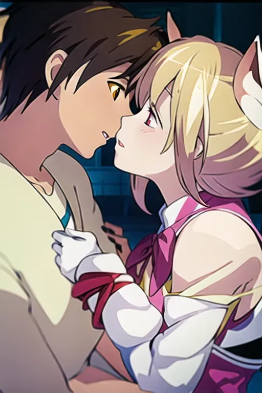 ghibli style ,boy and catgirl kissing , blushing , mouth to mouth, 1 boy, brown colored hair ,spikey styled haired boy, male wearing yellow airbender clothes, 1catgirl, catgirl posh style , catgirl hairstyle white short bobcut with white cat ears, only cat type ears, pink catlike eyes, catgirl on right dressed in white plain clothing with pink bow, bow, elegent long white gloves, masterpiece, best quality, ((masterpiece)) <lora:dpmg_ghibli_style:0.92>