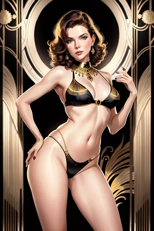 Beautiful young Katharine Hepburn, (wearing white bikini 1.5), (bare thighs 1.5), ((full thighs and body visible)), against an intricate black and gold Art Deco background, art deco, against an intricate black and gold Art Deco background, art deco,