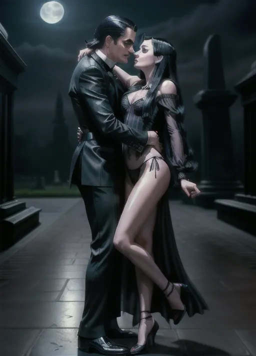 A (full-body shot:1.3) (wide-angle shot) of, (1girl 1boy), (1girl is Anjelica Huston circa 1990 as Morticia Addams:1.3), tall, (thin:1.3), goth look, (wearing a sheer black (see-through:1.3) floor-length pencil-dress neglige), (visible nipples and pubic hair:1.3), wearing sheer black panties, wearing black strapped stiletto heels, pale skin, blood red lipstick, (black nail polish), black eye shadow, raven-black hair, (((a single red rose clenched between her teeth))), (in a misty cemetary at night), with light from a (large full moon:1.3), (((1boy is Raul Julia circa 1990 as Gomez Addams:1.3))), (((wearing pin-striped charcoal suit white shirt with bowtie))), (kissing 1girl hand:1.3), (1girl 1boy looking lovingly into each others eyes while they dance a tango:1.3), neo-noir style, cgstation, DeviantArt style,
(<lora:dpmg_add_detail:0.95>), (four anatomically-correct pretty fingers and one proportional opposable thumb per visible hand:1.3), (beautiful symmetric detailed glossy eyes:1.3), beautiful lips, curved eyebrows, detailed face, detailed textured skin, realistic detailed hair, pretty teeth, skin pores, pretty realistic feet, (pretty symmetric realistic eyes), realistic teeth, realistic mouth, bushy pubic hair, realistic skin color, realistic skin tone,realistic hair color, realistic hair tone, five pretty realistic toes,
(8k RAW photo), (best quality), (masterpiece:1.3), (photorealistic), studio lighting, rim lighting, hair highlighted, UHD, Nikon Z5, (35-80mm zoom lens), (zoom out), f2.8, sharp focus, tack sharp, dof, film grain, Fujifilm XT3, (bokeh), dramatic lighting, rim lighting, subsurface scattering, volumetric lighting, focused, intricate detailed background, dramatic pose, dramatic pov, dramatic angle, dramatic lighting, cinematic composition, (cinematic lighting), HDR, (highest quality:1.8), highest resolution, (photo-realistic:1.72),
--s 250, --v 5.2, --A k_dpm_2,