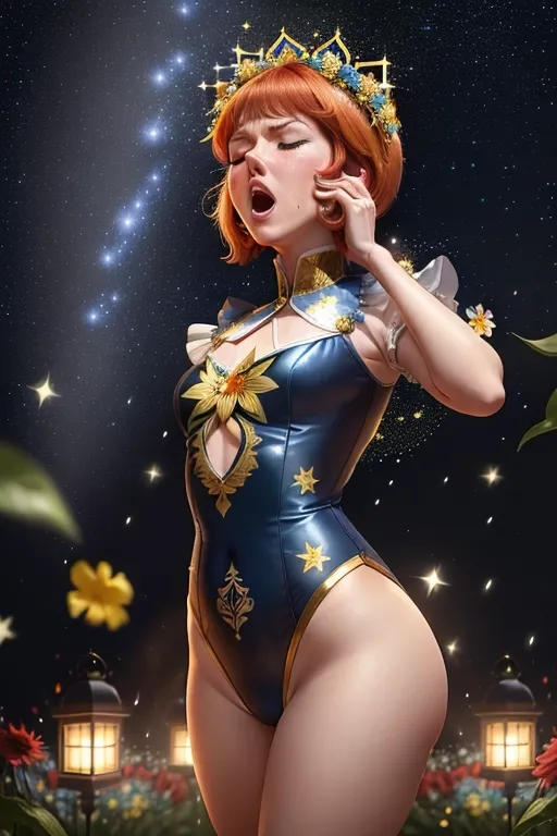 Colour picture of a young Cilla Black in a flower garden at night, starry sky, lit by lanterns, elaborate blue and gold patterned leotard, beautiful face, standing, fit, highly detailed, correct human anatomy, looking at viewer, front, closeup,She is being overcome by a powerful (((sneezing fit))) which is making her ((sneeze uncontrollably)) with ((nostrils flaring)), ((eyes closed)) and ((mouths wide open))