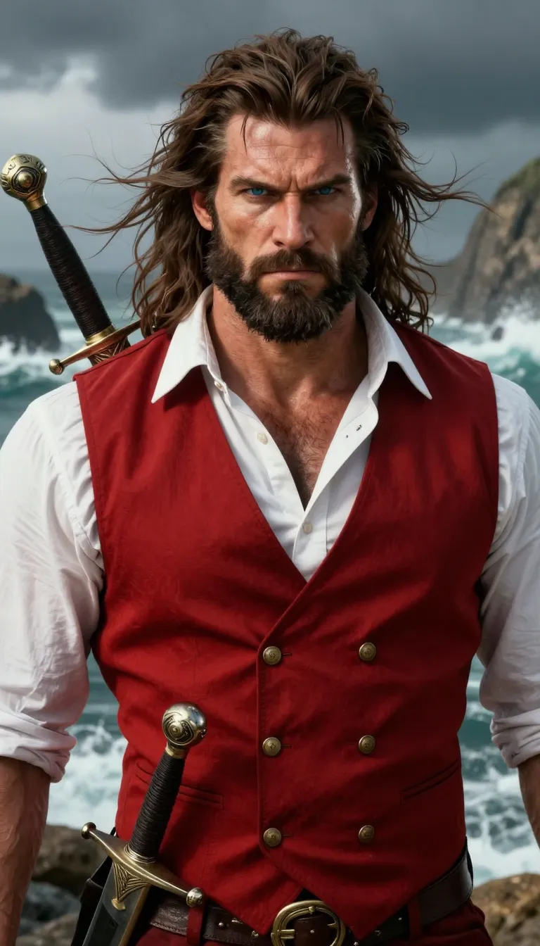 This is a highly detailed, realistic CGI portrait of a rugged, muscular man with long, windswept brown hair and a thick beard. He has piercing blue eyes and a stern expression. He wears a red, double-breasted vest with gold buttons over a white, slightly unbuttoned shirt, revealing a hairy chest. A detailed, ornate sword with a black and gold hilt is sheathed on his right side. The background features a blurred, stormy seascape with crashing waves and rocky cliffs, adding a dramatic, adventurous atmosphere. The man's skin is tanned, and the lighting highlights his strong jawline and intense gaze.