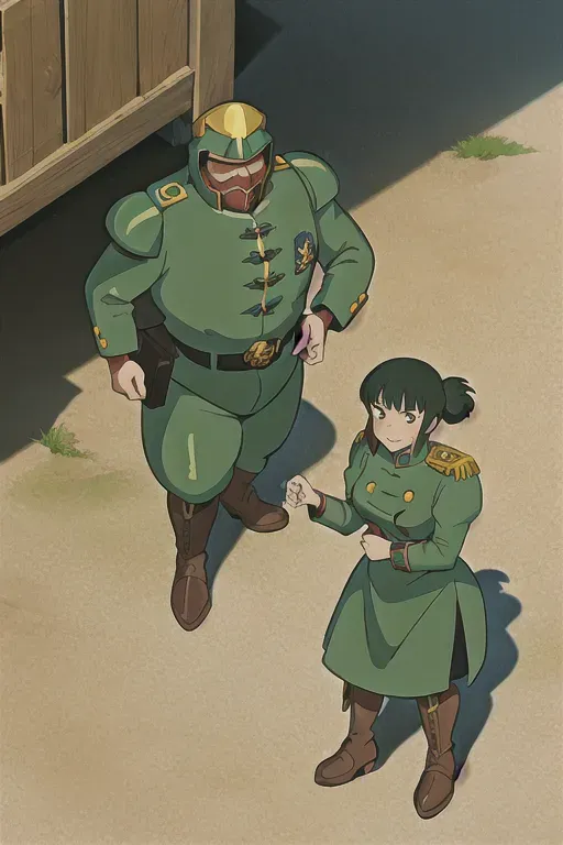 ghibli style, Warhammer 40k, guardsmen, woman, green Uniform, ((masterpiece)) <lora:dpmg_ghibli_style:0.92>