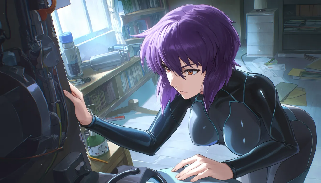 ${artist_mix}, source_anime, Ghost in the Shell (1995), score_7, score_8, consistent anatomy,
${artist_mix=!{
{1-4$$
@wlop:{1.6|1.4|1.2|1.0}
|@ningen_mame:{1.5|1.3|1.1|0.9}
|@hojo_tsukasa:{1.5|1.3|1.1|0.9}
|@shirow_masamune:{1.4|1.2|1.0|0.8}
|@ilya_kuvshinov:{1.4|1.2|1.0|0.8}
|@sakimichan:{1.3|1.1|0.9|0.7}
|@rella:{1.3|1.1|0.9|0.7}
|@as109:{1.3|1.1|0.9|0.7}
|@sciamano240:{1.3|1.1|0.9|0.7}
|@tiv:{1.2|1.0|0.8|0.6}
|@kuro_maru:{1.2|1.0|0.8|0.6}
|@torino_neetsuki:{1.2|1.0|0.8|0.6}
|@swav:{1.2|1.0|0.8|0.6}
|@reoen:{1.2|1.0|0.8|0.6}
|@mika_pikazo:{1.1|0.9|0.7|0.5}
|@yoneyama_mai:{1.1|0.9|0.7|0.5}
|@kagaya_kagaya22:{1.1|0.9|0.7|0.5}
|@guweiz:{1.1|0.9|0.7|0.5}
}
}},
###
{0.70::(dynamic action) | 0.20::(tranquil moment) | 0.15::(meditative mood) | 0.35 :: (paranoid spy mission)}, blurred background, depth of field, crisp image, sharp outlines, {(hentai, doujinshi, pornographic, not safe for work, naked body, bare, intimate parts exposed, sexy, erotic, obscene)::0.07 | (safe for work, body covered, decent, safe, clothes)::0.93},
{frontal | ultra dynamic angle | in three fourths | from below | from behind, looking back | {from behind):0.05 | from above | dutch angle | extra close up | from side | side view | undershot | top view | overhead view}, 1995 anime shot, 8K. cinematic shot, vivid colours, depth of field, HDR, highest quality, expert shading, natural anatomy, realistic body,
masterpiece, best quality, (nsfw):1.6, ${core}, ${action_scene}, ${render}, anime action illustration, clear anatomy, elegant natural detailed hands, anatomically correct, each hand has exactly 5 fingers. The subject performs the stated action. One camera view, one setting, one primary vehicle or prop at most.
PROTAGONIST: Young girl Motoko Kusanagi (Ghost in the Shell), very detailed face, facial features emphasized to create a realistic look,
${outfit}, ${figure}, ${skin_hair}, ${eyes}.
${outfit=!{
cybernetically augmented body, {full body thick armor|sleek matte-black tactical armor|reflective chrome-plated bodysuit with large boob window exposing deep cleavage|matte carbon-fiber combat suit|glossy synthetic-leather bodysuit | bare body with edges of augmentation plates located symmetrically in the body}, covered legs, 0.75:: ({form-fitting armored leggings|segmented plated leggings|smooth compression leggings | 0.05::(very loose cute pajamas over naked body) | 0.05::(expensive lace lingerie with stockings exposing bare body, with perfect nipples and tiny vulva) | 0.05::(shibari-style cables on naked body, sagging breasts with perfect nipples, small trimmed patch of dark-violet pubic hair and tiny vulva) | 0.05::(transparent sheer gauze nightgown exposing naked body, contours of breasts with perfect nipples and dark-violet patch of pubic hair) | 0.05::(light petticoat with frills exposing contours of her bare body, with sagging breasts with perfect nipples and tiny vulva) | 0.05::(tactical tight corsette with deep cleavage and open bare hips) | 0.05::(fully naked body with sagging medium breasts, perfect nipples, hairless virgin vulva, thick dog collar on her neck connected to handcuffs and ankle cuffs by strong chains)})
}},
${figure=!{super feminine fit body with long legs, thin waist and wide hips, emphasizing body shape}},
${skin_hair=!{porcelain skin, fair skin, {dark purple | deep violet | charcoal-purple | dark black } bobbed hair {(around her face):0.85 | (floating in the air):0.15 | (blown by strong wind): 0.10 }},
${eyes=!{expressive light purple regular-looking eyes, very detailed face with expert shading}},
###
masterpiece, nsfw,
${core}, ${world}, ${finish}, anime action illustration, clear anatomy, natural hands. The protagonist performs the stated action and is physically connected to the specified vehicle, item or object. One continuous scene and one camera view.
###
${core=!{1girl, adult, solo, full body, action in progress}},
${finish=!{
0.75::clear readable action, simple controlled background, strong subject-environment interaction
|0.25::{1-2$$subtle motion blur|light environmental particles|clear directional lighting}
}},
${world=!{
0.85::sprinting across a rain-soaked rooftop between neon-lit skyscrapers, one hand steadying against a satellite dish, thermoptic-camouflage shimmer at the edges, blue-hour cyberpunk skyline
|0.85::seated in the passenger cabin of one autonomous think-tank vehicle, both hands resting on a data terminal, driving through an elevated highway above a dense megacity, overcast afternoon
|0.80::crouched behind one ventilation unit on a corporate tower rooftop, one hand against the cold metal, tracking a target through the haze below, dusk neon glow
|0.80::wading through knee-deep water in a flooded underground server vault, one hand trailing along a cable conduit, flickering emergency lights, tense blue shadows
|0.75::climbing a maintenance ladder inside a colossal offshore data-fortress, one hand gripping a rung, distant tanker lights on the horizon, cold gray dawn
|0.75::interfacing with an exposed neural jack panel in a derelict factory, one hand steadying the cable, sparks drifting in still air, industrial twilight
|0.70::standing at the edge of a shattered glass skywalk after an explosion, one hand bracing against a twisted railing, smoke curling upward, harsh afternoon sun
|0.70::running with all speed, pursuing a fleeing cyborg informant through a crowded night market alley, one arm extended forward, lantern light and steam from food stalls, warm humid evening
|0.65::infiltrating a corporate server room through a narrow ceiling duct, both hands gripping the frame, cold cyan terminal glow below, silent tension
|0.60::confronting a hacked puppet operative in an abandoned subway tunnel, one hand raised in a defensive stance, flickering fluorescent tubes, damp concrete
|0.55::descending through misty harbor fog on a patrol boat, one hand on the boat's railing, distant tanker horns, pale blue morning light
|0.30::sitting cross-legged on a tatami floor in a small vintage-futuristic apartment, one hand cradling a warm ceramic cup, holographic display glowing softly beside an old wooden shelf, quiet evening lamplight
|0.28::diving slowly toward the sunken ruins at the bottom of a city lake, one hand reaching toward a submerged neon sign, sunlight fracturing into caustic ripples above, serene silence
|0.25::standing on a quiet apartment balcony overlooking a rain-washed megacity at dawn, one hand resting on the railing, soft gray morning light, distant hum of traffic below
|0.22::seated at a narrow counter inside a packed izakaya, one hand around a small ceramic cup, steam rising from grilled skewers, warm lantern light, quiet chatter around her
|0.20::walking through a narrow candlelit shrine alley between tall apartment blocks, one hand brushing a paper lantern, soft rain, reflective wet stone path
|0.18::resting on a rooftop garden ledge above the city at night, one hand holding a small potted plant, distant skyline lights blurred in humid air, calm stillness
|0.15::browsing a cluttered secondhand cybernetics shop, one hand examining an old mechanical arm on a shelf, dusty warm lamplight, quiet late afternoon
|0.85::running along the top of an elevated monorail track through a dense neon district, one hand skimming a passing cable line, thermoptic shimmer trailing behind, rain-streaked night lights
0.85::breaching through a shattered office window mid-leap toward an adjacent tower, one arm shielding the face, shards of glass suspended in the air, harsh midday sun
0.80::standing motionless on a rooftop antenna array during a citywide surveillance sweep, one hand pressed to a temple-mounted receiver, distant drones sweeping searchlights, deep blue dusk
0.80::wading through a submerged data-archive chamber, one hand brushing a drowned server rack, murky green light filtering from cracked skylights above, eerie silence
0.75::gripping the outer hull of a moving armored transport truck, boots braced against a raised seam, wind tearing at a long coat, dusty highway overpass at dawn
0.75::kneeling beside a fallen tachikoma-like spider tank, one hand resting on its cracked optical sensor, sparks fading, smoke drifting across a rubble-strewn street
0.70::slipping through a maintenance grate into a flooded sewer tunnel beneath the city, one hand trailing along the curved wall, dim emergency lighting reflected in the water
0.70::perched on a crane arm high above a shipping yard, one hand steadying against the cable, cargo containers stacked below, cold industrial sunrise
0.65::interrogating a captured cyberbrain-hacked puppet in a bare concrete holding cell, one hand hovering near the informant's neck jack, single hanging bulb, oppressive stillness
0.65::sprinting through a driving rainstorm across a rooftop helipad as a transport VTOL lifts off, one arm raised against the wind, blinding runway lights
0.60::climbing through the twisted wreckage of a downed cyborg mech in an abandoned factory floor, one hand gripping an exposed strut, shafts of dusty light through a broken roof
0.60::standing before a wall of humming cooling towers at a black-site data facility, one hand resting on a control railing, low mechanical hum, cold fluorescent light
0.55::riding on the exterior ladder of a moving elevated train through a foggy industrial district, one hand locked around a rail, distant chimneys venting steam
0.50::confronting a rogue AI's holographic avatar projected above a shattered fountain plaza, one hand raised toward the flickering light, abandoned civic square at twilight
0.30::sitting at a low kotatsu table in a small tatami-floored apartment, one hand resting on a worn photograph, a vintage radio playing softly beside a sleek terminal, warm lamplight
0.28::floating motionless at the bottom of a still city reservoir, one hand drifting near a rusted ladder, sunlight fracturing into slow caustic patterns above, profound quiet
0.26::standing at a ferry railing crossing the harbor at dusk, one hand holding a paper cup of tea, gulls circling, soft orange reflections on calm water
0.24::seated on a narrow stool inside a steam-filled ramen stall beneath an overpass, one hand around a chipped bowl, strings of bare bulbs overhead, quiet evening bustle
0.22::walking beneath rows of wet paper lanterns in an old quarter alley, one hand grazing a wooden shopfront, gentle rain, warm scattered light
0.20::tending a small rooftop herb garden at sunrise, one hand cupping a leaf, the sprawling megacity waking up in soft haze below
0.18::browsing shelves of obsolete mechanical parts in a quiet back-alley repair shop, one hand turning over an old actuator, dusty afternoon light through a grimy window
0.15::resting against a temple gate at the city's edge, one hand tracing carved stone, cherry blossoms drifting past in a rare still moment
}}