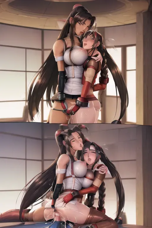 ((((Aerith gainsborough and Tifa Lockhart touching bodies)))), (((Victoria Justice))), (((Tifa lockhart))), (((Aerith Gainsborough))), tifa and aerith ff7, tifa and aerith from final fantasy, tifa clothes, best quality, 2girl, ((naked girl)), large breasts, green eyes, curious, (girl touching herself), blush, first girl Tifa black hair red gloves red boots white tops touching aerith, second girl Aerith red jacket pink dress brown boots and braids touching tifa, arm support, sexual, kissing touching, flower bed, mature female, looking at viewer, ((undressing herself)), black skirt, ((upskirt pussy)), (((((lesbian squirting orgasme pleasure)))))