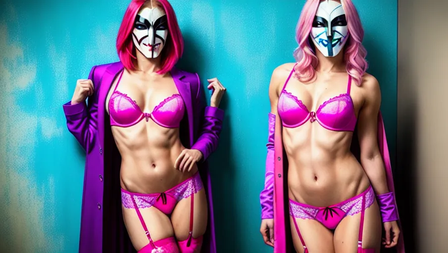 A gorgeous transgender woman (m2f) wearing the v for vendetta anonymous mask her full body in the image, transgender symbol in the background, lots of pink and blue, vibrant, vivid, art, realistic, fantasy, matrix vibe, HDR, 32K, fantasy, romantic, high heels, panties, lingerie, sexy, beautiful, female perfection, nudity