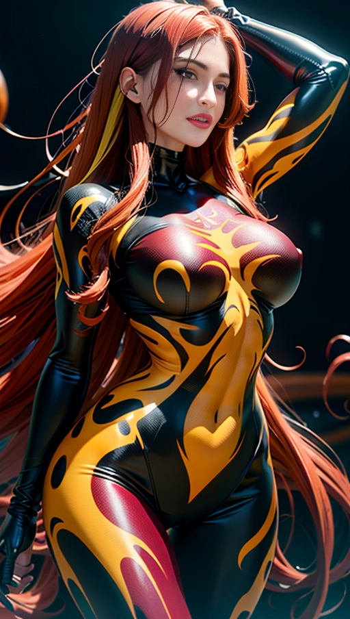 ((Burgundy red and yellow symbiote girl)), ((hair-raising symbiote)), ((burgundy red and yellow symbiote goo)), ((((burgundy red long hair with yellow strands)))), ((red and yellow symbiote goo suit)), (yellow strands), (((((symbiote goo hair))), ((((burgundy red and yellow symbiote goo body)))), huge symbiote boobs, burgundy red hair