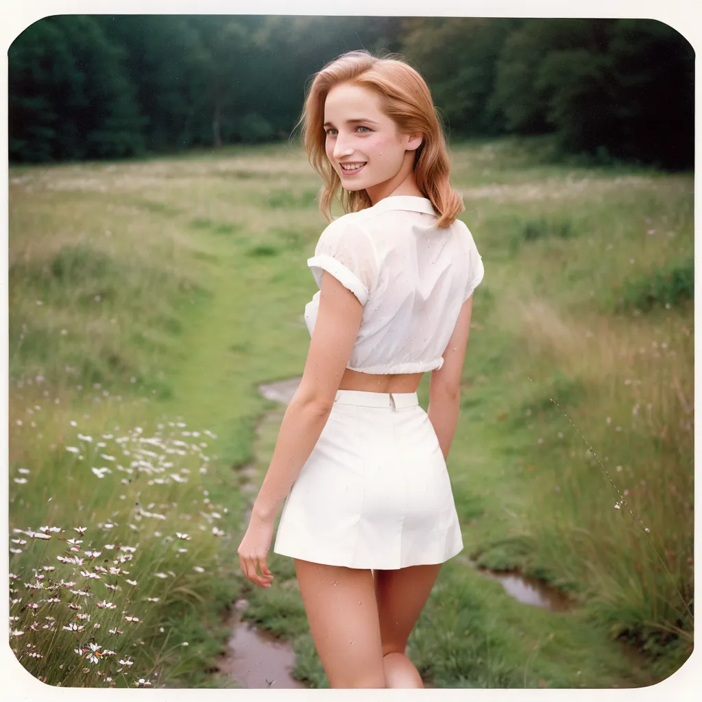 Young Diana Agron, walking in a grassy field, messy ginger hair, daisies and wildflowers, sunset, beautiful landscape, small breasts, blue eyes, anatomically correct, five fingers per hand, HD resolution, soft lighting, professional, realistic, photorealistic, freckles, highly detailed, detailed, soft focus, mouth braces, autumn forest, Ray tracing, realistic skin texture, open white shirt, miniskirt, perfect ass, thigh gap, view from behind, looking over shoulder, 35mm film, old camera, Polaroid camera, raining, wet, puddles, smiling, lens flare, faded photo,