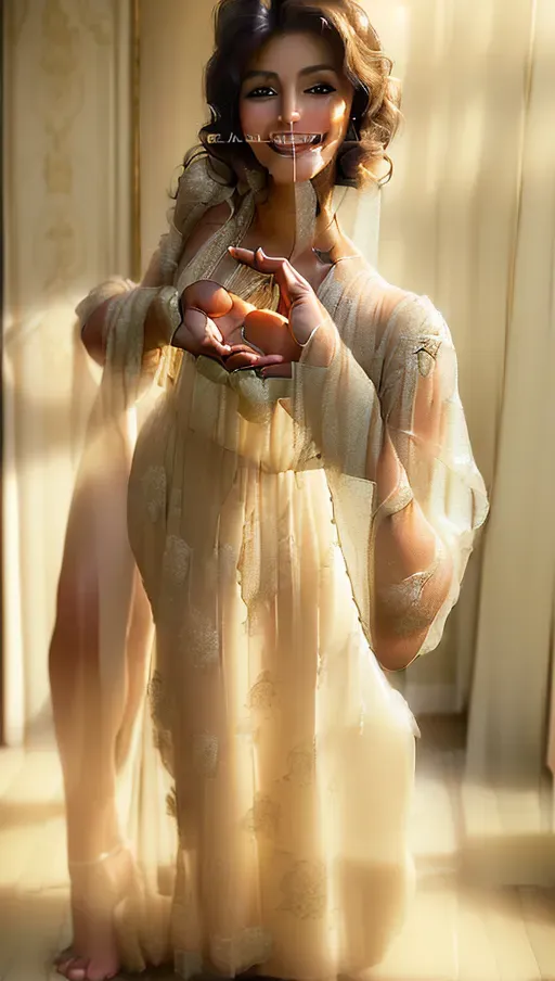 (((((a realistic photo of standing on the floor in a fancy bedroom ))))), ((((soft focus))), (((warm light))), (((glamour lighting))), (((beautiful face))), (((is smiling))), (((smooth skin))), (((soft shadows))),(((is wearing a sheer gown)))