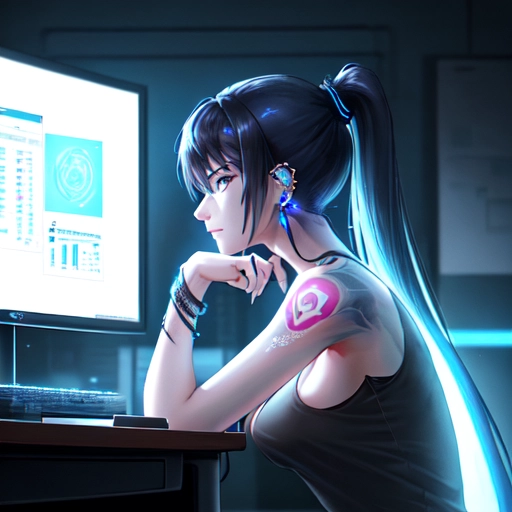 Medium shot, side profile, soft lighting of a highly detailed beautiful, thin Cyber punk female with blue black hair sitting in front of a computer monitor at a desk with a tank top on showing cleavage and tattoos on her upper arms. Dark background with a window showing a night sky and a blueprint on the wall, she has a bracelet on her wrist and pierced ears