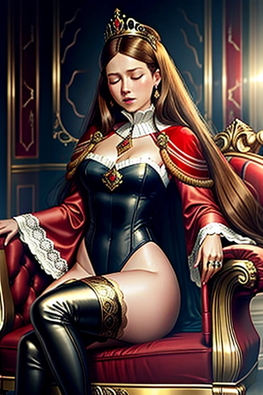 a beautiful young (queen Mary of Denmark), (smiling),(wearing a leotard), thigh boots, (sitting on a chaise lounge in a mansion) , wearing a red satin robe ((dark hair)),She is being overcome by a powerful (((sneezing fit))) which is making her ((sneeze uncontrollably)) with ((nostrils flaring)), ((eyes closed)) and ((mouths wide open))