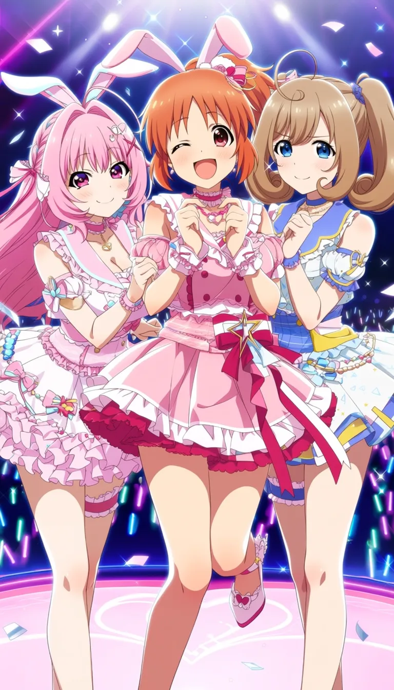 masterpiece, best quality, good quality. A vibrant anime-style illustration of three girls standing together on a sparkling concert stage background with glowing lights and confetti. In the center is Abe Nana, a cheerful girl with bright orange hair, brown eyes, and cute rabbit ears. She is winking playfully, wearing a frilly pink dress with a ribbon and accessories, giving off a lively idol-like charm. On the left is Yumemi Riamu, with flowing pink hair, sparkling pink eyes, and a slightly shy but adorable expression. She wears a stylish outfit decorated with frills, bows, and colorful ornaments, exuding a soft pastel aesthetic. On the right is Sato Shin, with neat brown twintails and striking blue eyes. She has a confident expression, dressed in a fashionable outfit with ribbons and accessories, balancing elegance with cuteness. Together, the trio radiates energy and warmth, with heart and star motifs glowing subtly around them, enhancing the idol concert atmosphere