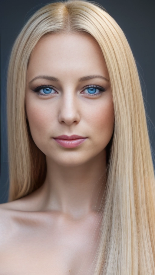 A close up high resolution picture of a beautiful Polish American woman, blonde hair, thin pointed nose, smooth nose bridge, ((natural bags and circles under each eye)), blue eyes, (very thin eyebrows),