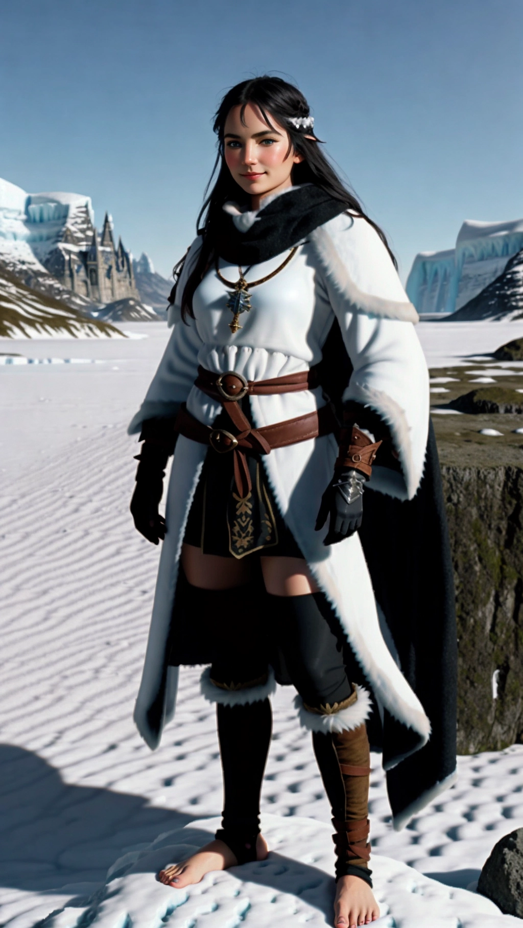 full-body image of a fit tan thin beautiful barefoot German adventurer woman with long hair wearing medieval adventurer attire while exploring an icy tundra, (beautiful petite feminine feet: 1.2), (barefoot: 1.3), (wearing warm black medieval adventurer attire: 1.2), (long dark hair: 1.2), (German woman: 1.3), (icy tundra: 1.4), (black toenails: 1.2), (gloves: 1.2), (tights: 1.2), (magic markings on feet: 1.3), (sassy smirk: 1.2),
