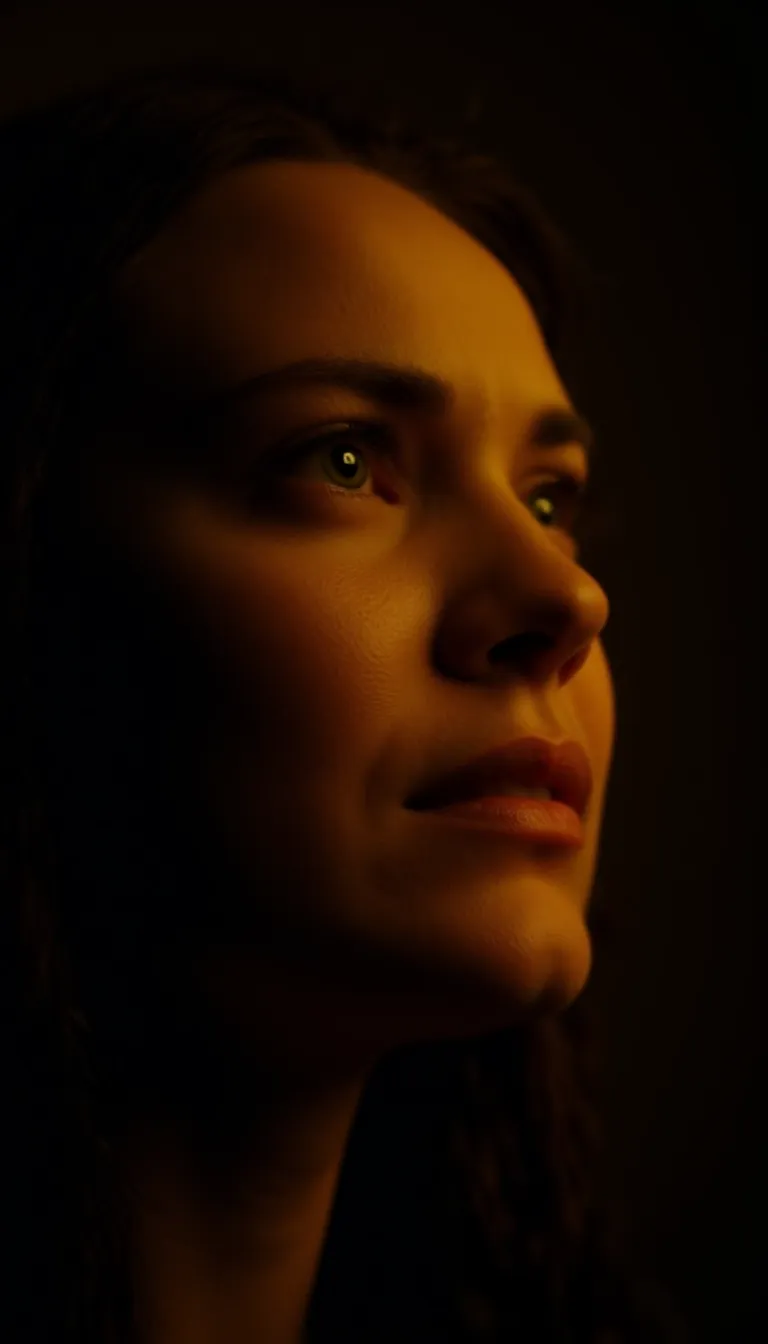 cinematic,A close-up of a woman looking up with a furrowed brow, illuminated by warm, dramatic lighting. Her expression conveys intensity or concern, with shadows adding depth to the emotional atmosphere, film grain, Short telephoto focal length, shot on ALEXA 65