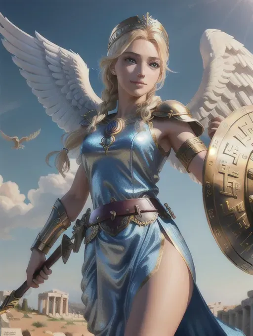 My pov,
(Greek goddess Athena with perfect face and looking like an angel with a perfect pair of angel wings),
(Holding spear in right hand),
(Carrying round shield on left forearm), shield has face of medusa on front of shield,
(wearing Ancient Greek Corinthian battle helmet),
Wearing aegis breast plate,
Wearing tunic, wearing battle dress, Wearing Greek battle boots,
Modestly dressed,
realistic detailed blonde hair braided in Greek Warrior style, ((perfect gorgeous facial features)),
(realistic detailed blue eyes), (realistic detailed blonde eyebrows),
Gorgeous slender strong body,
((Small realistic detailed breasts)),
Accompanied by snow owl in flight,
(5-good-hands), (five perfect slender fingers on each hand),
Body oriented towards camera, Looking directly at camera,
Looking sexy seductive beautiful confident with a smile on her face
16K hyper-realistic, ultra-
realistic, photorealistic, 3-D, fine details, 5-hands, sharp focus, pixiv, HDR, absurd resolution, cgsociety, heavily detailed