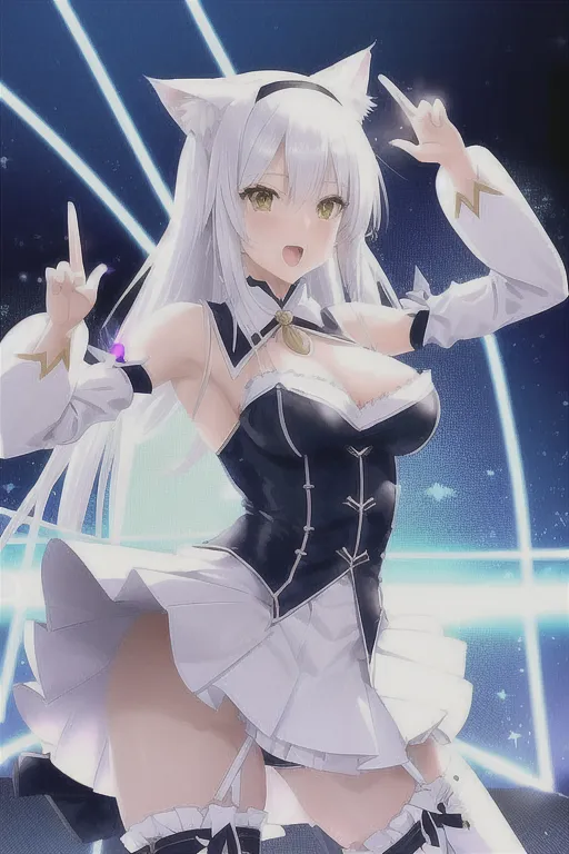 A small white haired woman with cat ears is dancing on a stage. She is athletic and sexy. (((Her clothes are made of bright Magical energy))) She is shaking her ass