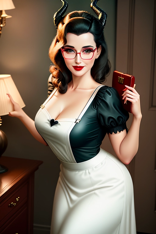 Maleficent dressed as 50s house wife holding a brief case, face of angelina joline, Disney villain, dark raven hair, dark green eyes, strong cheeks, full lips, happy smile, curvy, perky breasts, thin waist, public hair, pussy, aroused, high definition, excellent lighting, 4k quality, looking horny, middle age woman, middle age, dominant, sassy, flirty, wearing a white apron over a simple dress, 50s living room setting, regal allure, glasses, red lipstick,50s outfit, no sleeves, fully clothed, horns