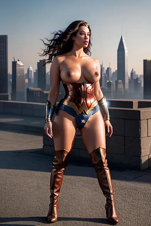 a 8k detailed photograph of, Ashley graham,full body, nude, naked, five slender fingers,sexy look,beautiful lips,curved eyebrows, nude, naked,Wonder Woman, thigh high boots,walking, dystopian city future, no panties, breasts exposed