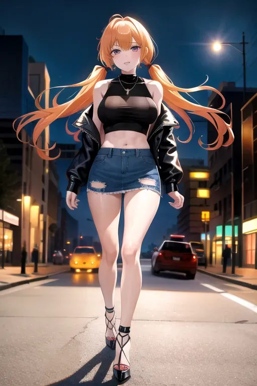 full body, strawberry blonde hair, hazel eyes, short girl, denim miniskirt, black high heels, looking at viewer, long hair, pale skin, silver necklace, black crop top, 24 years old, giant breasts, cute face, pov, wavy hair, city environment, Oklahoma City, wide eyes, erotic, skirt tug, leather jacket, nighttime, black backpack, slim body, low pigtails, running towards camera
