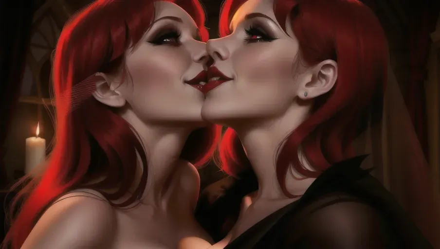 medium shot of the sexy vampire vixens of Dracula hungerly at an erotic party with their redheaded hypnotized innocent victim. Drinking, dancing, kissing her lips, her neck, her breasts, seducing their hypnotized victim, placing upon her head a shadowy veil. on a foggy moonlit night in the shadowy ballroom of a decerped old castle. Beautiful redhead still human victim early mid-thirties moderate breasts good sweet innocent, big soft round eyes, warm smile Anna of Arendelle in an elegant Nordic ballgown.
photorealistic. High resolution