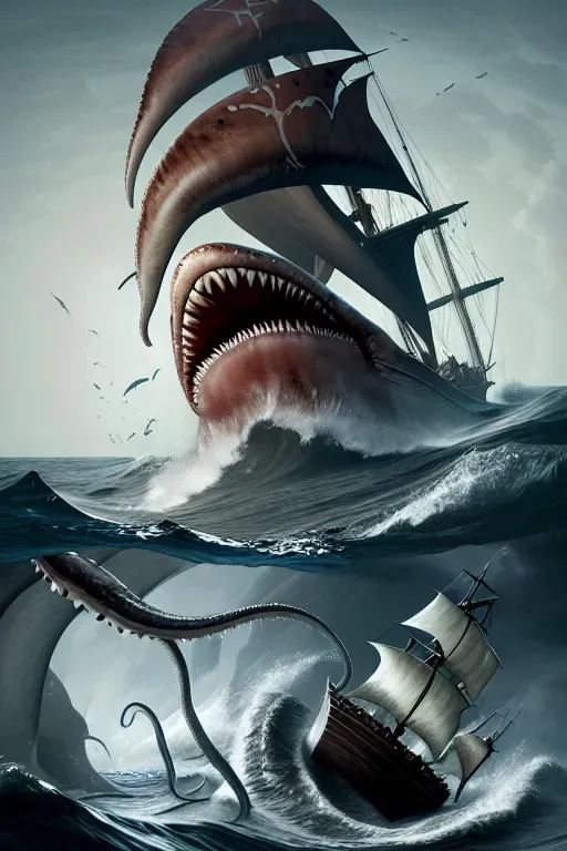 a hyper-realistic photo of a giant squid tentacle reaching up from Beneath the ocean waves wrapping around a pirate boat surrounded by great white sharks High definition 8k
