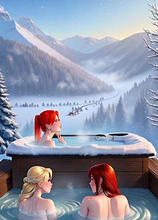 cold in the winter mountain setting, 2girls, 1 naked elsa from frozen with blonde hair, 1 naked anna from frozen with red hair, ((both naked)), in a hot tub, steam rising from surface of the water.