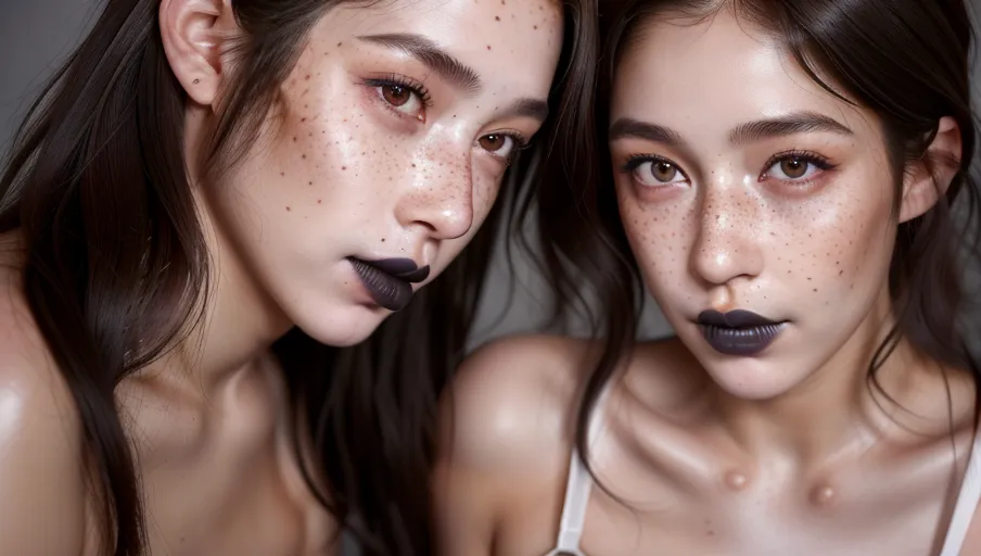 photorealistic, 8k, accurate face, (((detailed face))), (((replicate inspiration face))), freckles, black lipstick, grey eyes, brown hair,
2girls, ultra detailed 8k photo of two girls, both girls are dressed in Lingerie with straps, perfect female anatomy, wearing nothing nude, topless, breasts , <lora:dpmg_spitroast:0.3> covered in thick saliva,