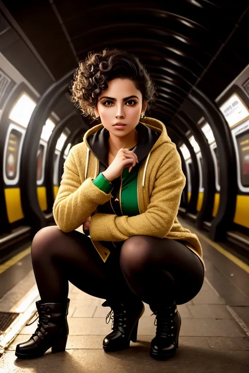 a photo shot of,a colombia girl,wearing mage clothes,squatting,in the london underground,five fingers per hand,short thick hair,charming face,beautiful lips,green eyes,curved eyebrows,curved eyelid,smooth skin,cosy,wearing golden ring,smooth,professional,studio lighting,cgsociety,surreal