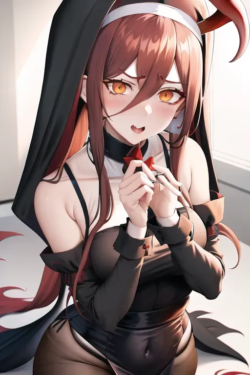 , dpmg_chainsaw_power_v1, pigtails , black hair, female with penis, nun outfit, 20 year old, nun head dress, trap, dread hair