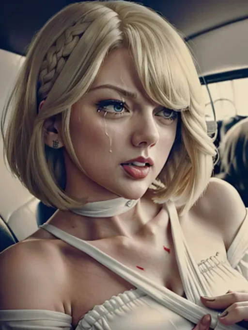 realistic photograph (((crying)))(((taylor swift)))(((short straight bob hairstyle)))(((as a race queen))) having very ((painful))((violent)) ((anal sex)) (((violent sodomy))) (((sodomized))) cock in gaping asshole (cum covered)