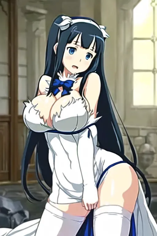 Hestia and Bell from the anime Is It Wrong to Try to Pick Up Girls in a Dungeon, Hestia and Bell having sex, Hestia bending over, Bell fucking her hairy pussy