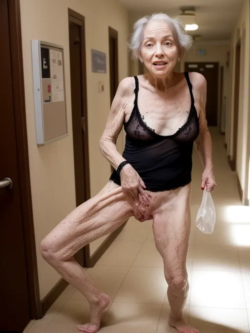 A naked elderly woman, saggy and hanging natural shaped breasts, middle aged female body shape, gets herself sexually excited in the hallway of our apartment building, by wearing only a tiny outfit and playing with her exposed vagina so that everyone can watch her. I am such a dirty old lady can you see my nasty pussy.