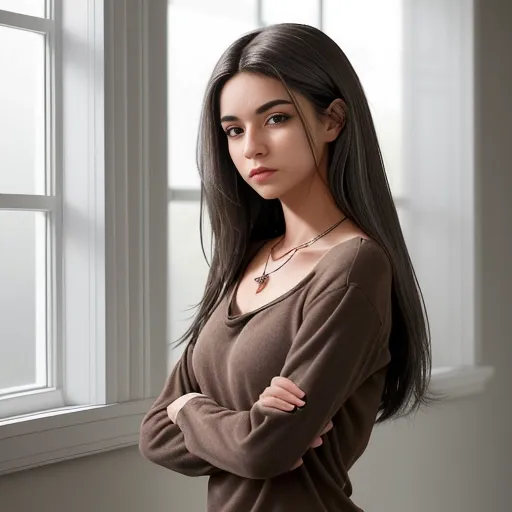 A young adult woman, likely in her late teens or early twenties, of medium build and average height, is shown in the image.
1. Personal Appearance
Her facial features include a medium-length nose, full lips, and a slightly oval-shaped face. Her eyes are dark brown, and her eyebrows are well-defined and dark brown. Her hair is shoulder-length, dark brown, and straight. Her skin tone is light. She has no visible distinctive features or marks. Her overall body type appears average and proportionate.
2. Clothing and Accessories
She is wearing a red, long-sleeved top. The material appears to be a soft, possibly fleece or similar fabric. The top appears to have a simple design. She's wearing a thin, silver-colored necklace.
3. Expression and Posture
Her facial expression is neutral; she appears neither happy nor sad. Her body posture is relaxed and slightly angled towards the camera. There are no apparent gestures or interactions with others.
4. Overall Appearance
Her style appears casual. Notably, her makeup is subtly applied, giving a natural appearance. Based on her attire, her possible social role is difficult to determine without more context.
5. Pose
She is standing, in front of a window
