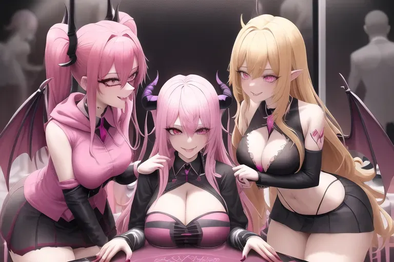 Tall dominant woman with devil horns and bat wings anime girl with pink hair and pink eyes giving a blowjob and hand job to multiple men, smile, multiple angles, giggling, high quality, happy smile, one person, black hoodie, pink skirt, anime, flirting, hentai, pressing tits against glass, winking, teasing dick with tongue